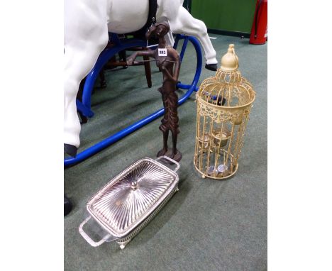 A BIRD CAGE TEA LIGHT HOLDER, A CAST METAL SCULPTURE OF A VIOLINIST AND A PLATED SERVING DISH.