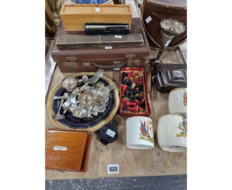 A VINTAGE DIE CAST CHEST SET, A SET OF TOWERS, SCIENTIFIC WEIGHTS, A COMPASS, SWIFT BINOCULARS, A CAMERA, ETC. 