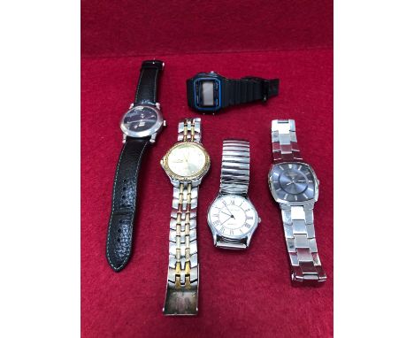 FIVE VARIOUS WRIST WATCHES TO INCLUDE KENNETH COLE, CASIO, CITIZEN, MERCEDES, AND JEAN PAUL SUCHEL. 