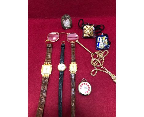 A LADIES LONGINES WRIST WATCH, AN OMNIA FOB WATCH AND A PAIR OF LADIES AND GENTS CHARLES DELON DRESS WATCHES, TWO MURANO GLAS