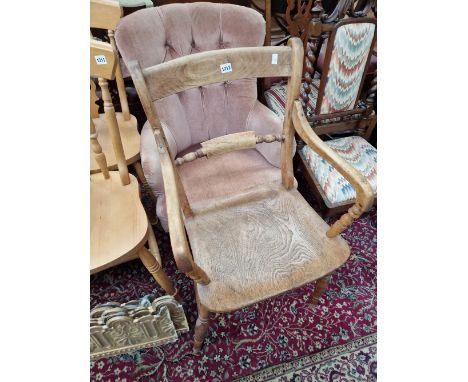 A VICTORIAN OXFORD ARM CHAIR AND A BUTTON BACK CHAIR. 