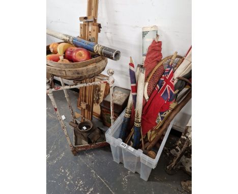 AN EDWARDIAN STICK STAND, AN EASEL, VARIOUS FLAGS, FERN DISPLAYS ETC. 