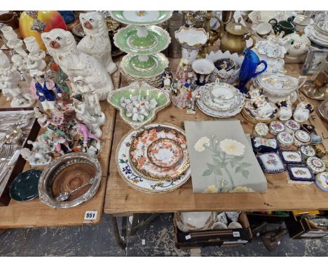 VARIOUS 19th CENTURY FIGURINES, A PART DESSERT SERVICE, PAIR OF SILVER PLATED CANDLESTICKS, TRINKET BOXES ETC. 