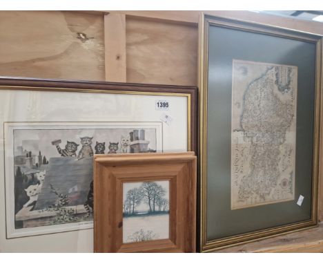 THREE LOUIS WAIN PRINTS AND AN 17TH CENTURY MAP.BY SAXTON