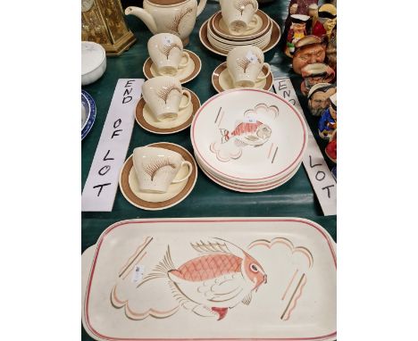 A SUSIE COOPER TEA SET TOGETHER WITH HAND DECORATED POOLE FISH PLATES.