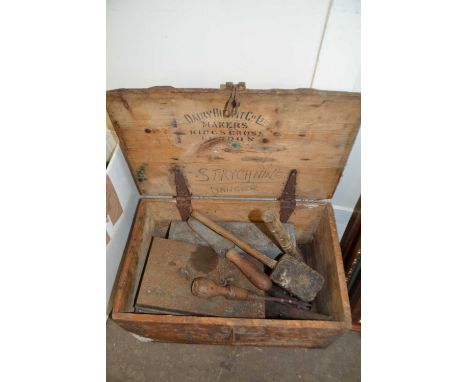 Wooden box of assorted workshop tools