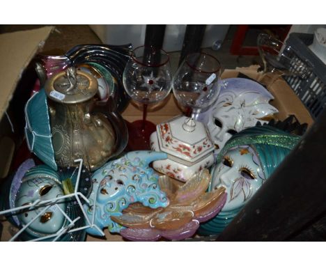 Mixed Lot: Venetian style ceramic carnival masks, decorative glass ware etc