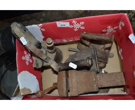 Mixed Lot: Metal irons, vice, hand held gas lamp etc