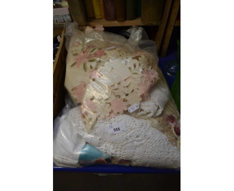Quantity of assorted textiles to include pink embroidered and cut work table linens, crochet, embroidered pieces and others