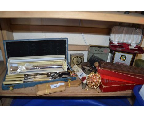 Mixed Lot: Assorted flat ware, clock, cribbage set, dominoes and other items 