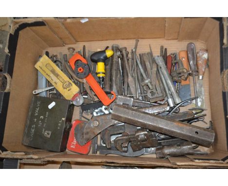 Quantity of assorted metal hand tools to include wrenches, vices etc