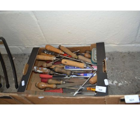 Box of assorted hand tools to include chisels, screwdrivers etc