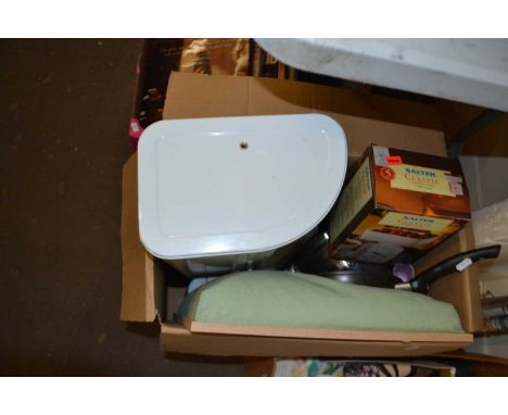 Assorted kitchen wares to include bread bin, kitchen scales, pans etc