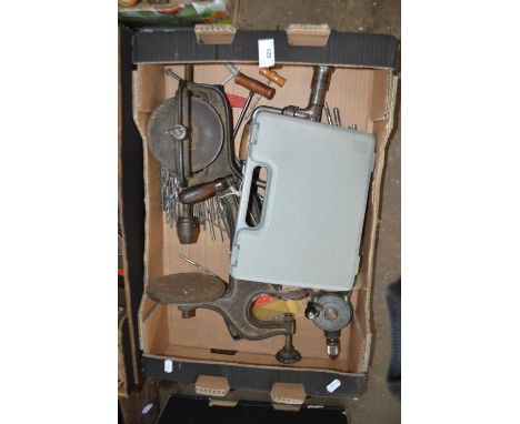 Quantity of assorted tools to include hand drill, various bits and other items