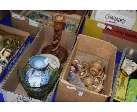 Two boxes of mixed items to include wooden candlestick, bedside clock, assorted curtain rings etc