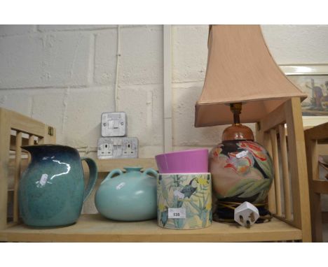 Pottery lamp decorated with tulips together with large jug and other ceramics