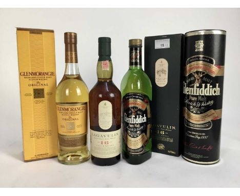 Whisky - three bottles of Scottish single malt scotch whisky, Lagavulin 16 years 43% 70cl, Glenfiddich Special Reserve 40% 75