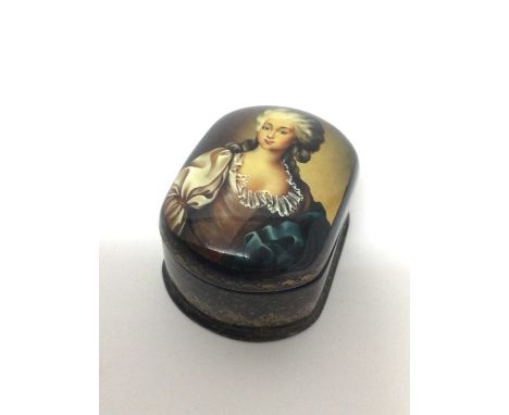 Russian lacquered box, painted with a portrait of a lady, signed Samsonov of the Febosksemo school, 7.25cm x 5.5cm