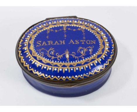 A South Staffordshire enamel patch box, inscribed in gilt ‘Sarah Aston’, circa 1800, oval form, 5cm wideIn good condition wit