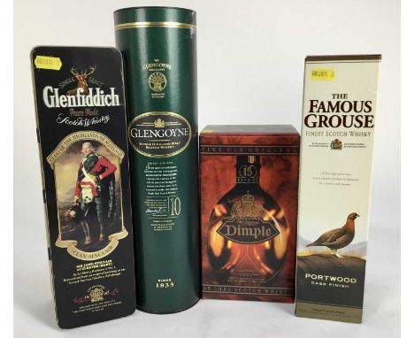 Whisky - four bottles, Glengoyne 10 Year 1 litre, Glenfiddich Clan Sinclair 70cl, Dimple De Luxe Scotch whisky 70cl, and Famo