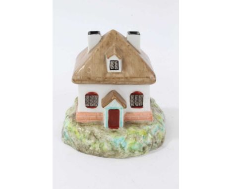 Mid 19th century Derby (King Street Works) cottage shaped pastille burner and cover, enamel painted, inscribed Stevenson &amp