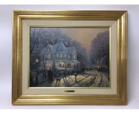 Thomas Kinkade limited edition print - 'A Holiday Gathering - Christmas Cottage IX' - in gilt frame, 84cm x 68cm including fr