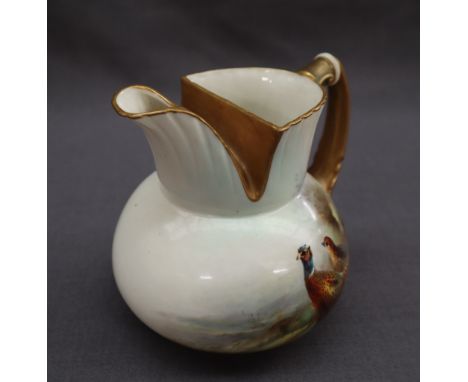 A Royal Worcester shape number 1438 globular jug, with gilt spout and handle, hand painted with a pair of pheasants in a land