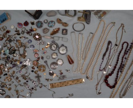 Faux pearls together with assorted costume jewellery including rings, bangle, watches, coins etc  