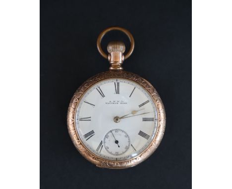 A gold plated open faced keyless wound pocket watch, the enamel dial with Roman numerals and a seconds subsidiary dial inscri