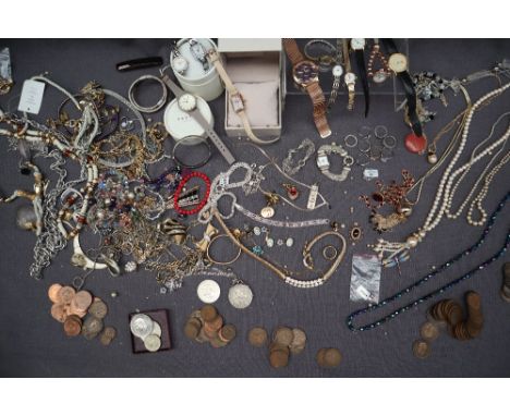 A silver ingot together with a silver hinged bangle, assorted silver gem set rings and a collection of costume jewellery incl