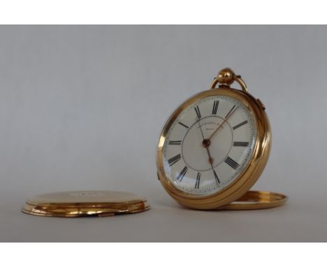 A Thomas Russell & Son 18ct gold open faced pocket watch, the white enamel dial with Roman numerals and a fine seconds track 