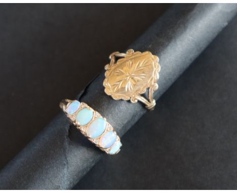 A five stone opal ring to a 9ct gold setting and shank, size K together with a 9ct gold signet type ring, size N, overall app