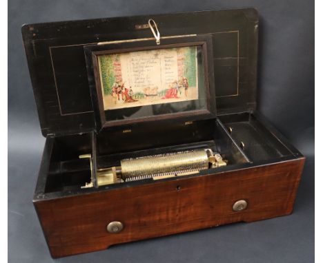 A Swiss music box of rectangular form inlaid with a basket, scythe and leaves, the 15.5cm cylinder playing eight airs, 43.5cm