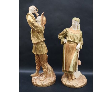 A pair of Royal Worcester blush-ivory figures including of a Romanian peasant standing in front of a tree stump with her arm 