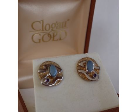 A pair of yellow and white metal Clogau earrings by Paula Bolton of circular form set with an opal and cabochon amethysts, po