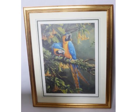 After Michael Jackson, a polychrome lithographic limited edition print 301/500 dated 1996, of a pair  of blue and gold macaws