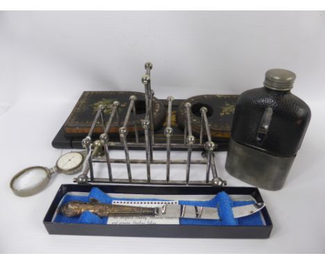 Miscellaneous Items, including mother of pearl inlaid lacquered book slide, hip flask, Art Deco toast rack, silver handled gr