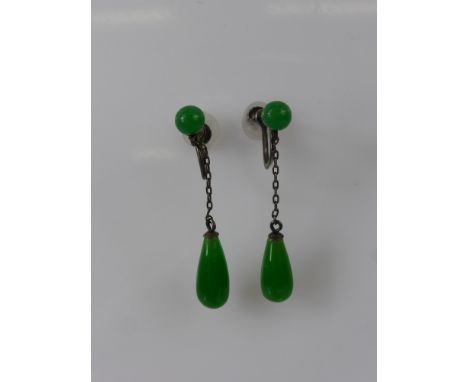 A Pair of Lady's Silver and Apple Green Jade Earrings,  together with a pair of 9 ct white stone and pearl earrings.