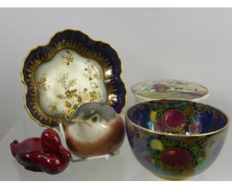 A Royal Copenhagen Robin, together with a Royal Doulton Flambe Duck  Walmer Castle pot lid and jar, together with a Devon lus