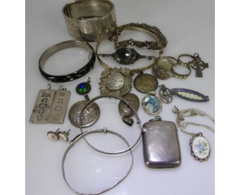 A Collection of Miscellaneous Solid Silver and other Jewellery, including bangle, two ingots, St Christopher and vesta case, 