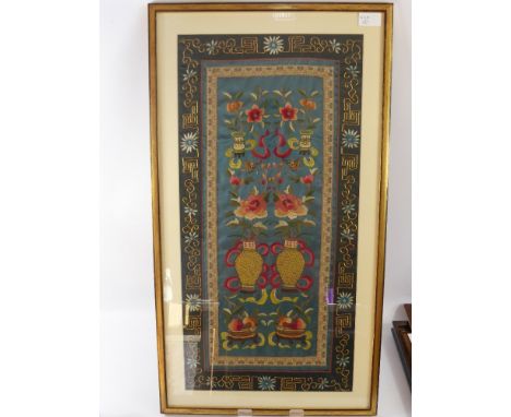 An Oriental Silk Tapestry in Frame, the tapestry depicting flowers, approx 32 x 66 cms.