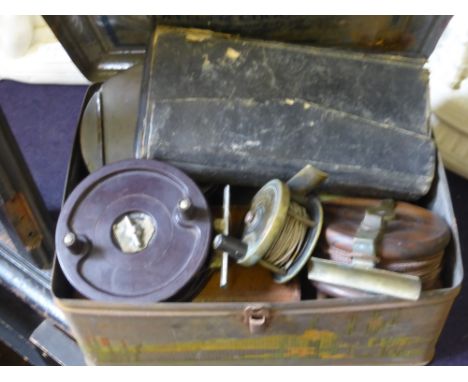 Chevalier Bowness & Baines Brass Trout Reel, Allcock Aerialite Bakelite Reel, vintage wooden reel and vintage aluminium trout