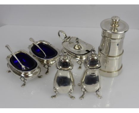 A Collection of Miscellaneous Silver, including 2 x peppers Birmingham hallmark, mm Walker & Hall, 2 x salts Chester hallmark