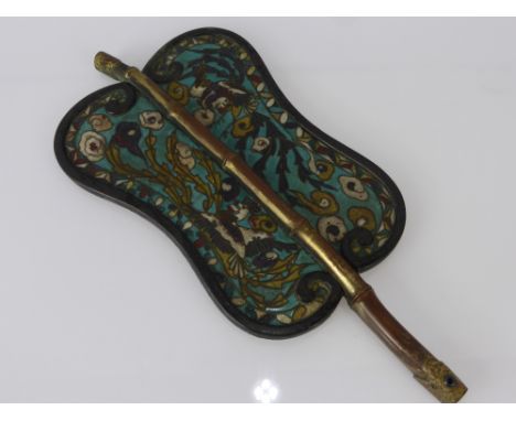 An Antique Chinese Cloisonné Hand Mirror, the mirror with bamboo handle decorated with bird of paradise amongst flowers and c