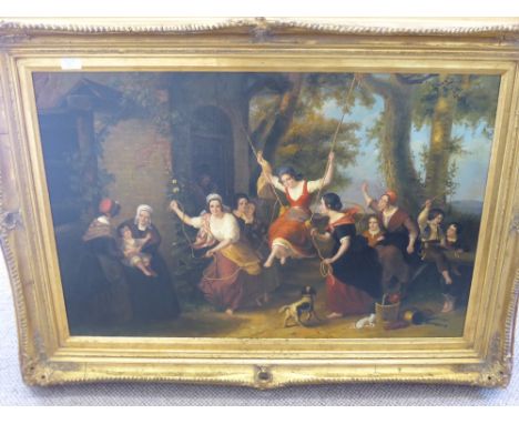 A Renaissance Print on Canvas in Ornate Gilt Frame, the picture depicting a girl on a swing, approx 60 x 90 cms.