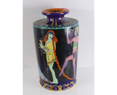 An Art Deco Style Enamel Painted Vase, depicting ladies in various costumes and signed Eleanore Belle Munro, the vase painted