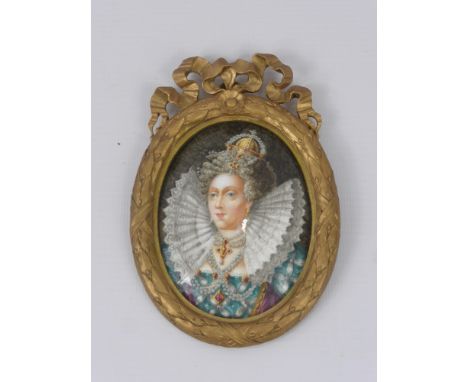 An Antique Enamel on Metal Portrait Miniature of Queen Elizabeth I, depicted wearing a gown adorned with ropes of pearls, jew