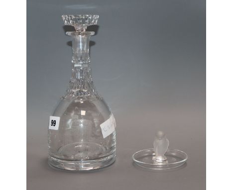 A Lalique bird dish, height 6cm and a decanter