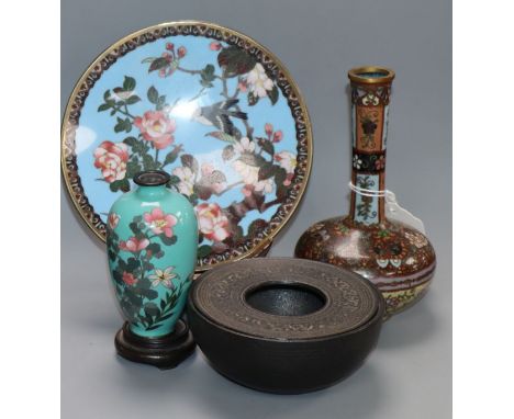 A group of Japanese cloisonne enamel: two vases and a dish, together with a cast iron koro dish diameter 15cm