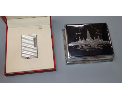 A Thai sterling and niello cigarette box and a cased silver plated Dupont lighter, cigarette box 11.2cm.